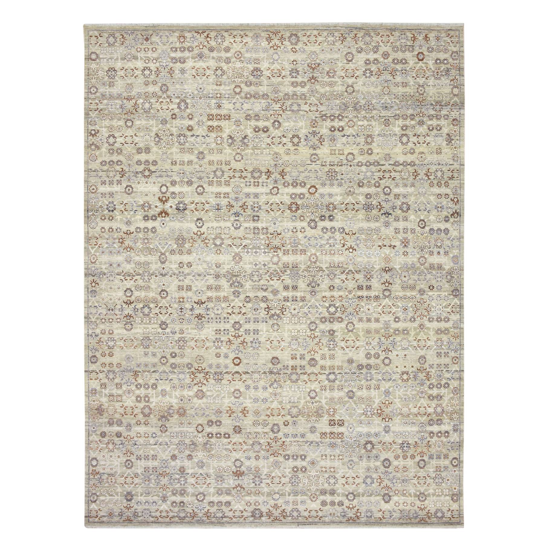 9'x12' Beige, Mahi Herat Design, Erased and Broken Pattern, Vegetable Dyes, Pure Wool, Distinct Abrash, Hand Knotted, Oriental Rug 